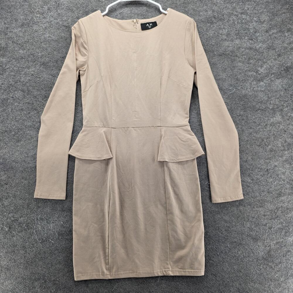 AX Paris Dress Womens 10 Beige Pencil Knee Length Viscose Spandex Peplum Ruffle